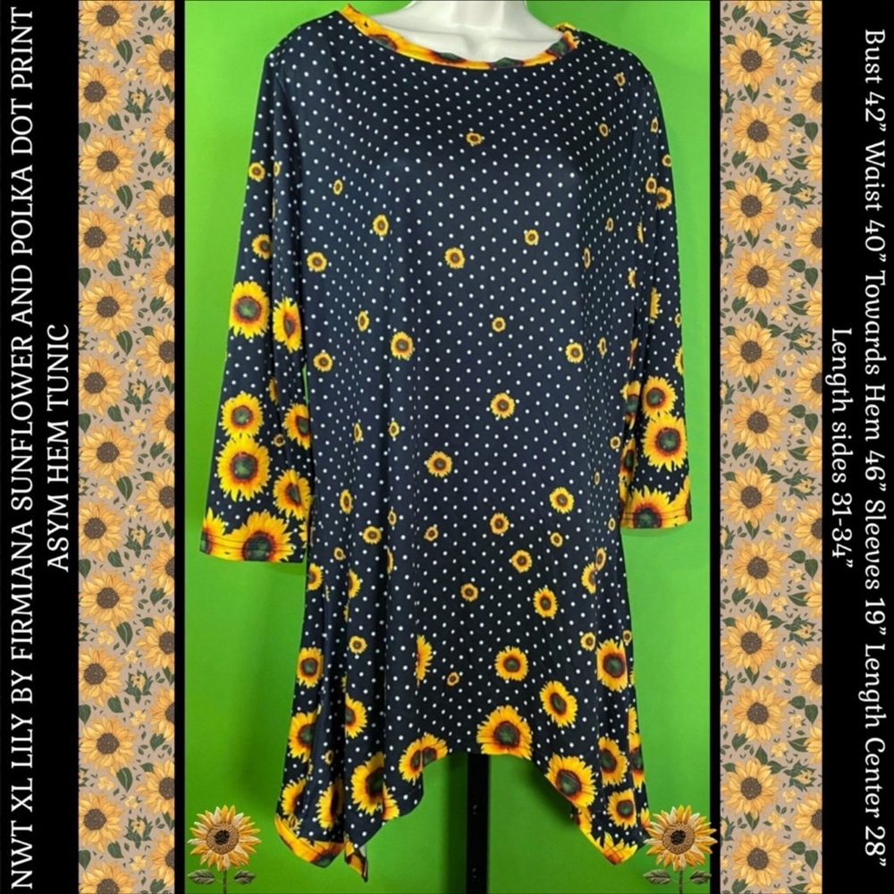 NWT TUNIC LILY BY FIRMIANA XL BLACK W WHITE POLKA DOTS&SUNFLOWERS PRINT ASYM HEM